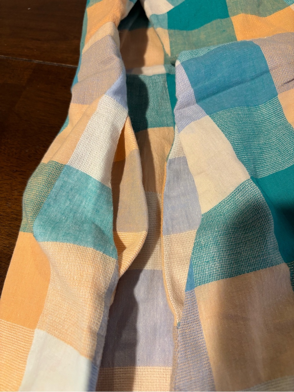 Madewell Button-Front Plaid Sundress in Teal, Peach. Lined. Side pockets - Picture 6 of 6